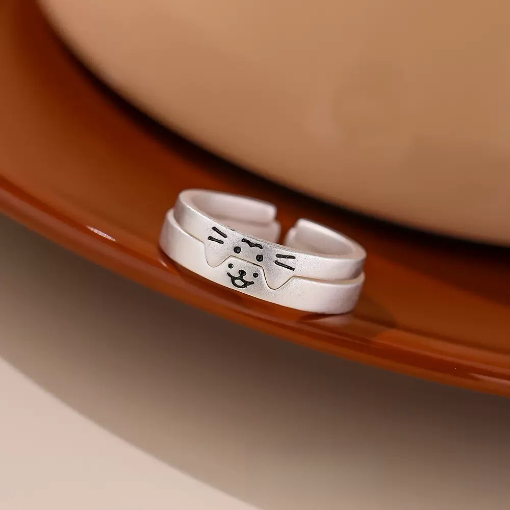 S925 Bạc Mèo Con Và Chó Con Cặp Đôi Nhẫn Hoạt Hình Dễ Thương Nam Nữ Cặp Đôi Bộ Nhẫn