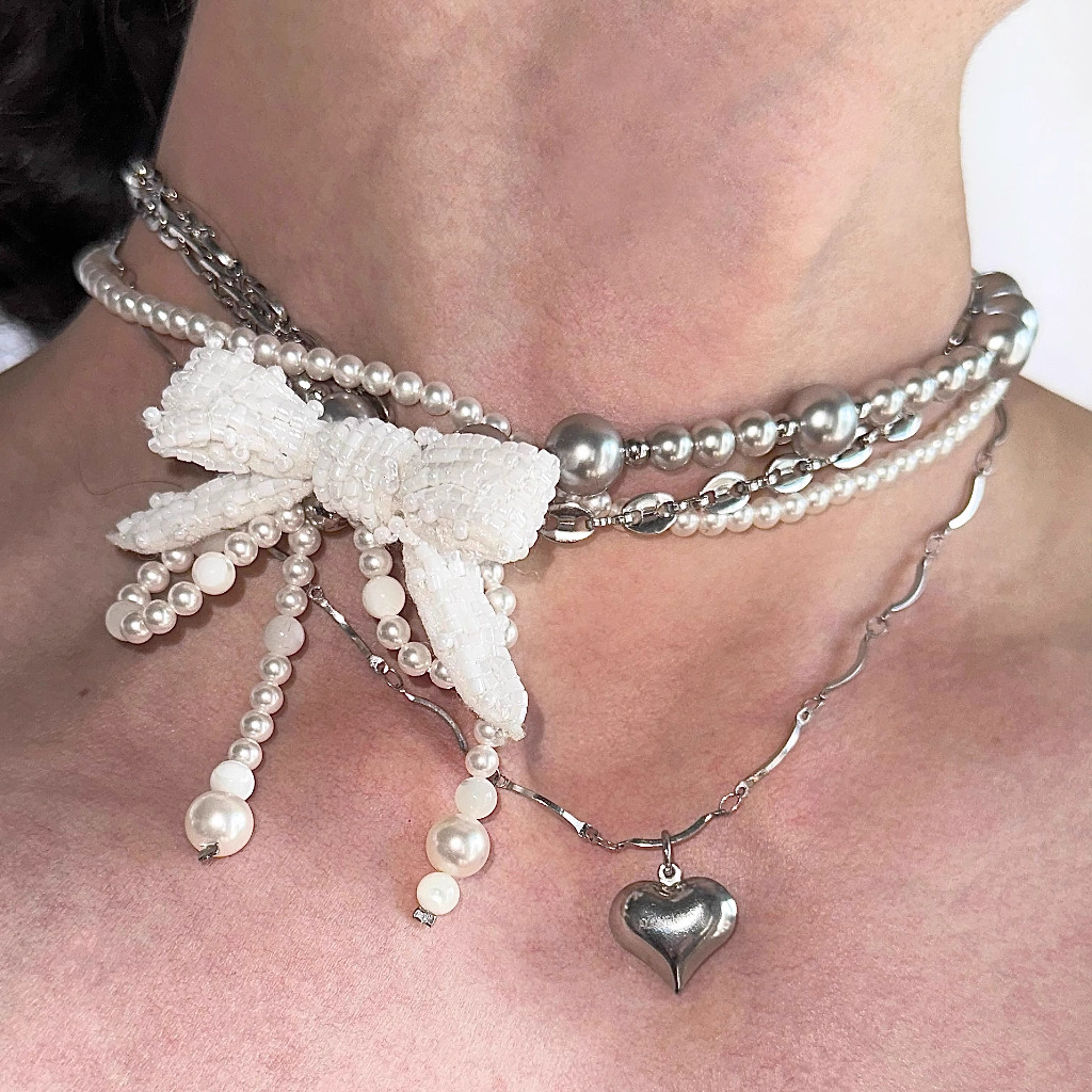 Have u desgin 2024 Phong Cách Mới Thiết Kế Ban Đầu Vòng Cổ Ngọc Trai Nơ Công Nghiệp Nặng choker Nhiều Lớp