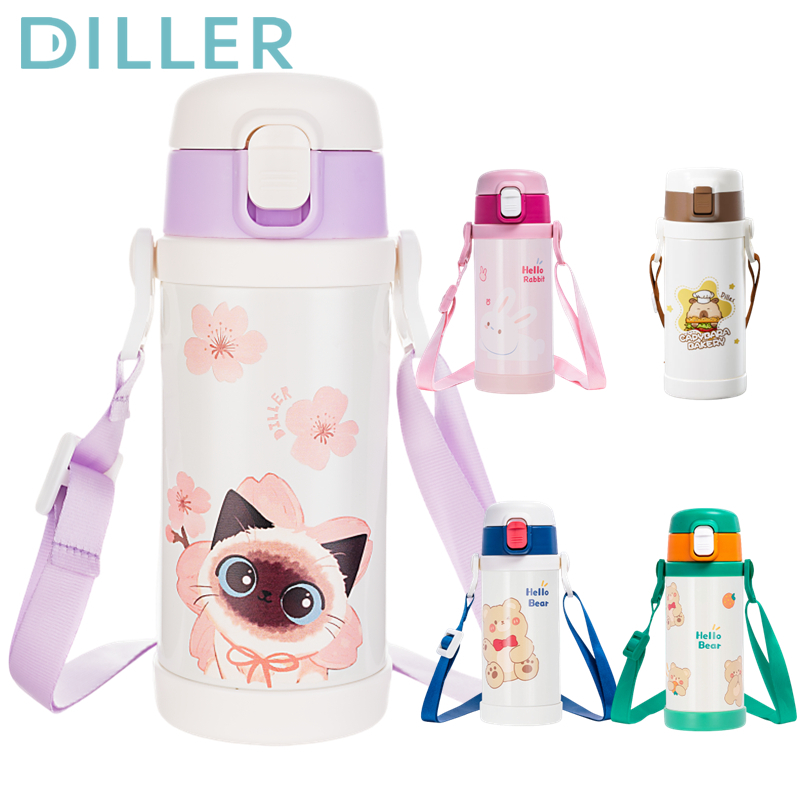 Diller Trẻ Em Giữ Nhiệt Bình Nước Ống Hút Dây Chống Rò Rỉ Tritan BPA Free Vòi Uống 350ml MLH9091