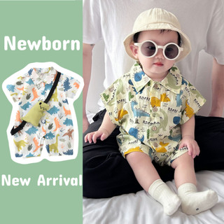 Bộ áo liền quần mùa hè mềm mại và thoải mái bằng vải Cotton hoạt hình dễ thương in hình khủng long + ba lô vừa vặn Bộ áo liền quần mùa hè mềm mại và thoải mái (0-24 tháng)