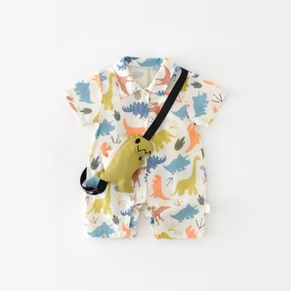 Bộ áo liền quần mùa hè mềm mại và thoải mái bằng vải Cotton hoạt hình dễ thương in hình khủng long + ba lô vừa vặn Bộ áo liền quần mùa hè mềm mại và thoải mái (0-24 tháng)