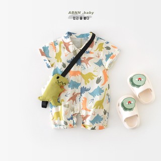 Bộ áo liền quần mùa hè mềm mại và thoải mái bằng vải Cotton hoạt hình dễ thương in hình khủng long + ba lô vừa vặn Bộ áo liền quần mùa hè mềm mại và thoải mái (0-24 tháng)