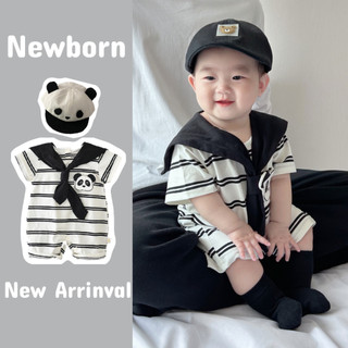 Bé trai sơ sinh Sọc dễ thương Hoạt hình Tie Panda vừa vặn Áo liền quần mùa hè mềm mại và thoải mái (0-24 tháng)