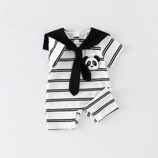 Bé trai sơ sinh Sọc dễ thương Hoạt hình Tie Panda vừa vặn Áo liền quần mùa hè mềm mại và thoải mái (0-24 tháng)