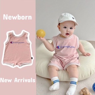 Áo liền quần mùa hè mềm mại và thoải mái cho bé trai bé gái Cotton dễ thương màu hồng Champion (0-24 tháng)