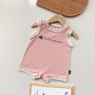 Áo liền quần mùa hè mềm mại và thoải mái cho bé trai bé gái Cotton dễ thương màu hồng Champion (0-24 tháng)