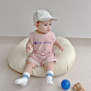 Áo liền quần mùa hè mềm mại và thoải mái cho bé trai bé gái Cotton dễ thương màu hồng Champion (0-24 tháng)