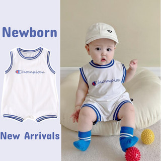 Áo liền quần mùa hè mềm mại và thoải mái cho bé trai bé gái Cotton dễ thương màu trắng Champion (0-24 tháng)