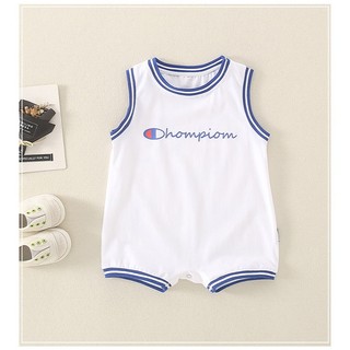 Áo liền quần mùa hè mềm mại và thoải mái cho bé trai bé gái Cotton dễ thương màu trắng Champion (0-24 tháng)