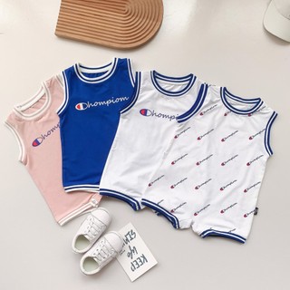 Áo liền quần mùa hè mềm mại và thoải mái cho bé trai bé gái Cotton dễ thương màu trắng Champion (0-24 tháng)