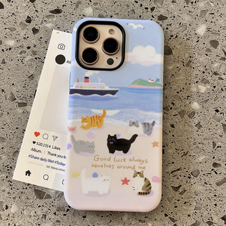 Ốp bảo vệ chân đế 2 trong 1 họa tiết mèo bãi biển cho iPhone 11 12pro 13promax 15pro 15promax14promax 14pro 16 pro max 16 plus 17pro 17promax Vỏ bảo vệ 2 trong 1