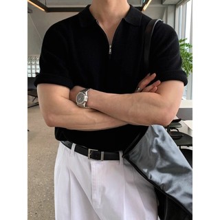 Đơn Giản Dệt Kim Ngắn Tay Áo Thun Nam Mùa Hè Mỏng Rời Ve Áo Top Phong Cách Hàn Quốc Đi Làm Mặc