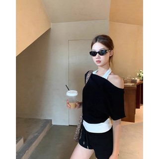 [BANKO] Nữ Mỹ Mùa Hè Phong Cách Mới Màu Đen Rời Giả Hai Mảnh Áo Thun Tay Ngắn Không Dây