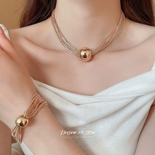 Vòng cổ và vòng tay kim loại sáng bóng đa tầng, phong cách châu Âu và Mỹ