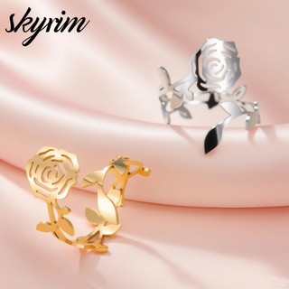 Nhẫn mở hoa hồng thép không gỉ dành cho nữ, quà tặng trang sức sang trọng