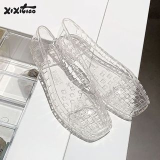 Xixitiao Vuông Mũi Flat Pha Lê Thạch Giày Nữ Mùa Hè Đi Biển Kỳ Nghỉ Ngoài Mặc Sáng Tạo