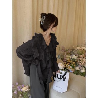 Phong Cách Hàn Quốc Nữ Nữ Voan Ruffle Áo Sơ Mi Tay Dài Áo Baju Baju Wanita Lengan Panjang