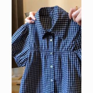 Áo sơ mi tay ngắn phong cách Hàn Quốc, kẻ sọc, cổ puffy, vintage style