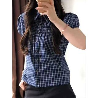 Áo sơ mi tay ngắn phong cách Hàn Quốc, kẻ sọc, cổ puffy, vintage style