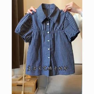 Áo sơ mi tay ngắn phong cách Hàn Quốc, kẻ sọc, cổ puffy, vintage style