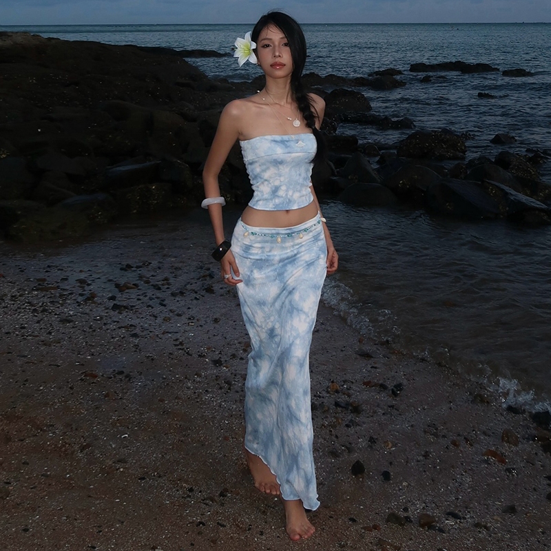 Cutenew Sóng gợn sóng Váy Phù hợp với Quấn Ngực Skinny Crop Tops + Váy hở hông lưng cao Bộ 2 món Mùa hè Nữ Bên bờ biển Phong cách kỳ nghỉ