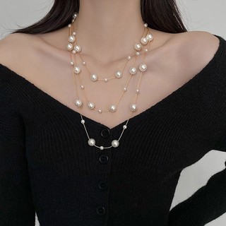 DREJEW Vòng cổ ngọc trai nhân tạo dài không đều Dây chuyền áo len sang trọng nhẹ kiểu Pháp