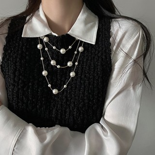 DREJEW Vòng cổ ngọc trai nhân tạo dài không đều Dây chuyền áo len sang trọng nhẹ kiểu Pháp