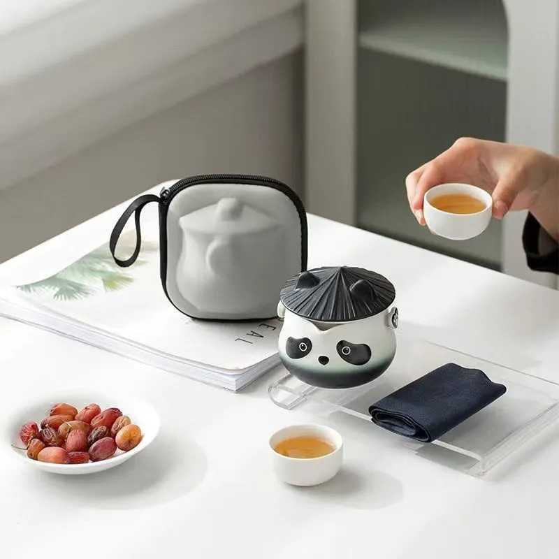 ✨Bộ trà gốm Panda Bộ trà du lịch di động ngoài trời Một nồi Hai cốc có túi Văn phòng / Hộ gia đình Giải trí Bộ trà Kung Fu