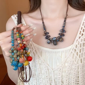 Vòng cổ dệt hạt tròn bằng gốm phong cách Trung Quốc mới, dây chuyền xương đòn cổ điển và độc đáo, vòng cổ thời trang và cao cấp dành cho nữ
