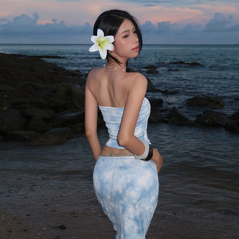 Cutenew Sóng gợn sóng Váy Phù hợp với Quấn Ngực Skinny Crop Tops + Váy hở hông lưng cao Bộ 2 món Mùa hè Nữ Bên bờ biển Phong cách kỳ nghỉ