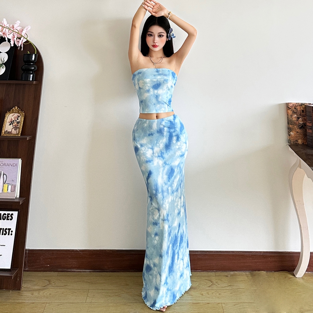 Cutenew Sóng gợn sóng Váy Phù hợp với Quấn Ngực Skinny Crop Tops + Váy hở hông lưng cao Bộ 2 món Mùa hè Nữ Bên bờ biển Phong cách kỳ nghỉ
