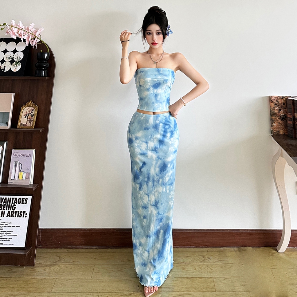Cutenew Sóng gợn sóng Váy Phù hợp với Quấn Ngực Skinny Crop Tops + Váy hở hông lưng cao Bộ 2 món Mùa hè Nữ Bên bờ biển Phong cách kỳ nghỉ