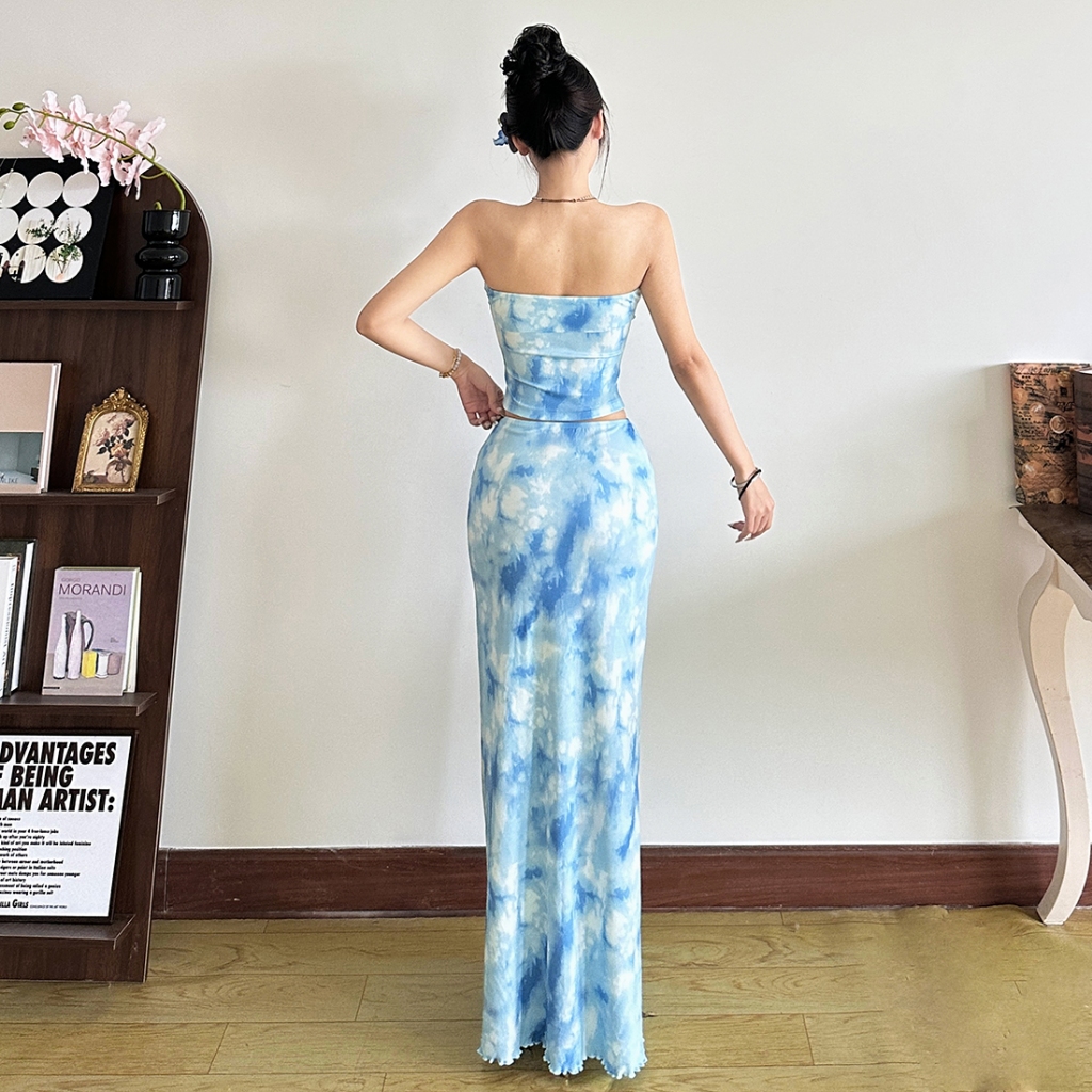 Cutenew Sóng gợn sóng Váy Phù hợp với Quấn Ngực Skinny Crop Tops + Váy hở hông lưng cao Bộ 2 món Mùa hè Nữ Bên bờ biển Phong cách kỳ nghỉ