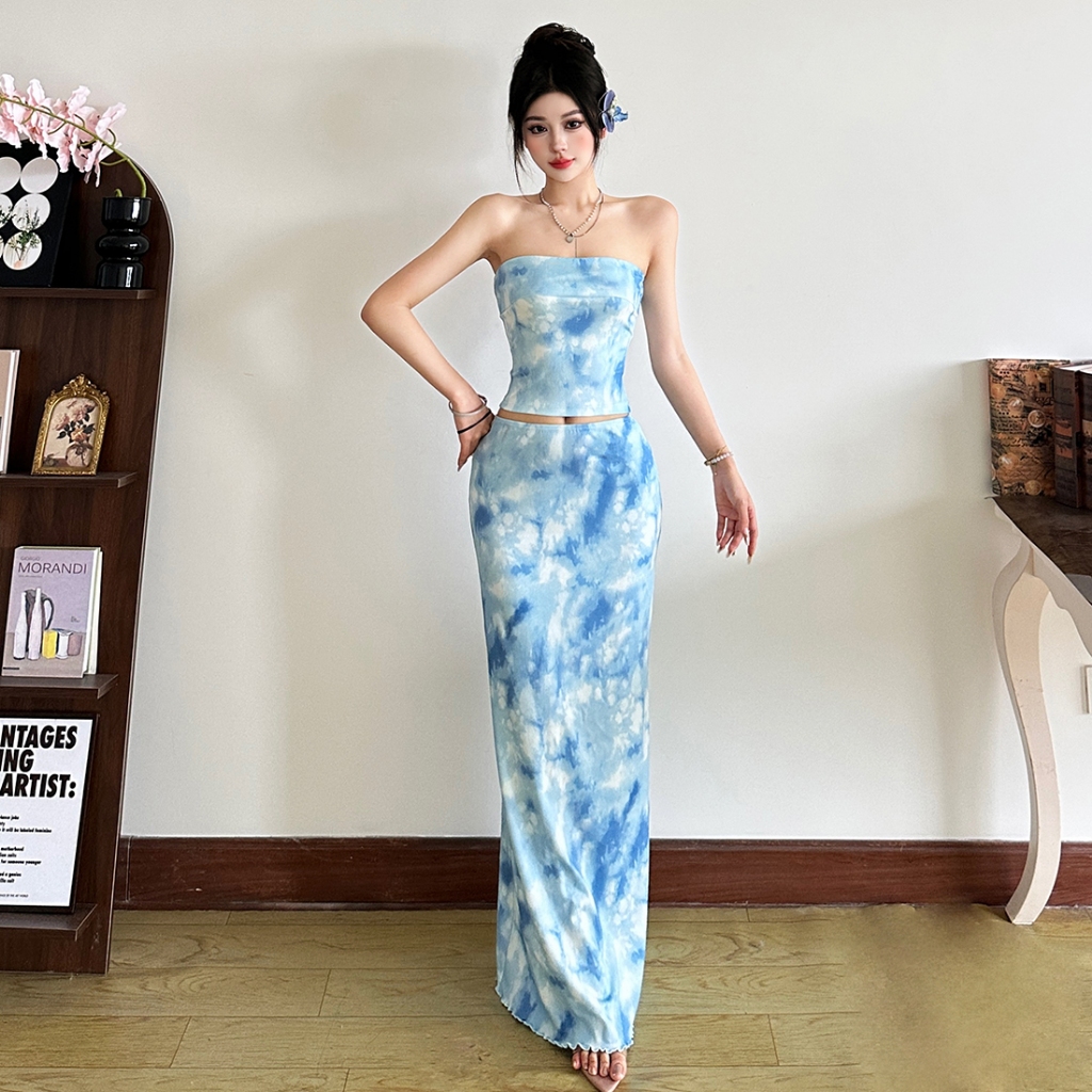Cutenew Sóng gợn sóng Váy Phù hợp với Quấn Ngực Skinny Crop Tops + Váy hở hông lưng cao Bộ 2 món Mùa hè Nữ Bên bờ biển Phong cách kỳ nghỉ