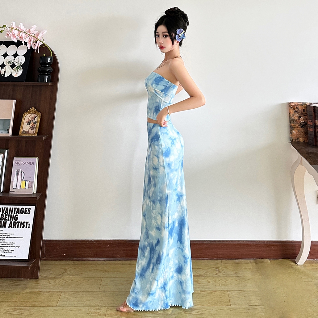 Cutenew Sóng gợn sóng Váy Phù hợp với Quấn Ngực Skinny Crop Tops + Váy hở hông lưng cao Bộ 2 món Mùa hè Nữ Bên bờ biển Phong cách kỳ nghỉ