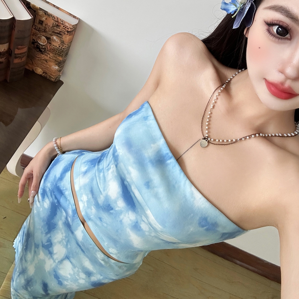 Cutenew Sóng gợn sóng Váy Phù hợp với Quấn Ngực Skinny Crop Tops + Váy hở hông lưng cao Bộ 2 món Mùa hè Nữ Bên bờ biển Phong cách kỳ nghỉ