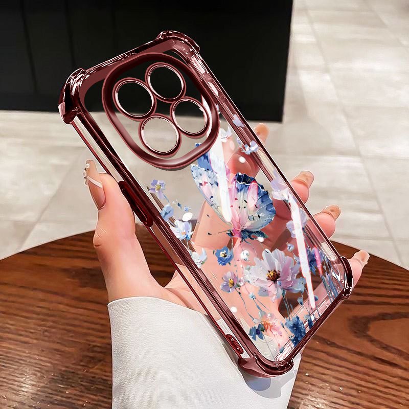 YBD Chống Rơi Bốn Góc Cho Redmi Note 15 Pro Plus Note 14 Pro + Xiaomi POCO X7 POCO M8 Pro Ốp Điện Thoại Trong Suốt Phong Cách INS Cụm Hoa Bướm Xanh
