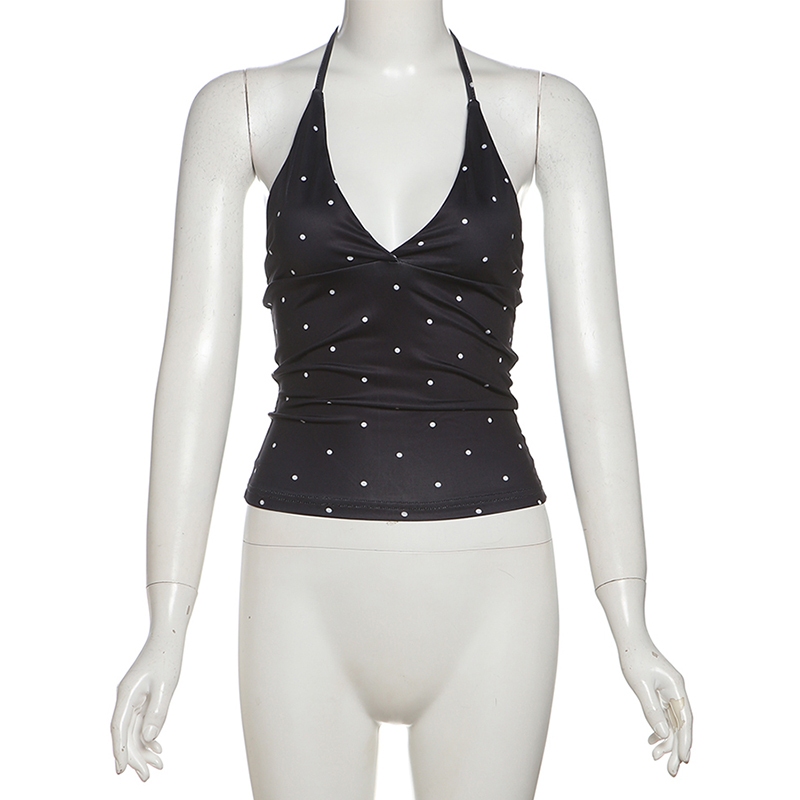 Cutenew Wave Point Dây Vest Sâu V Tắt Vai Chắp Vá Rốn Lộn Lưng Nữ Thời Trang Gợi Cảm Phong Cách Đa Năng