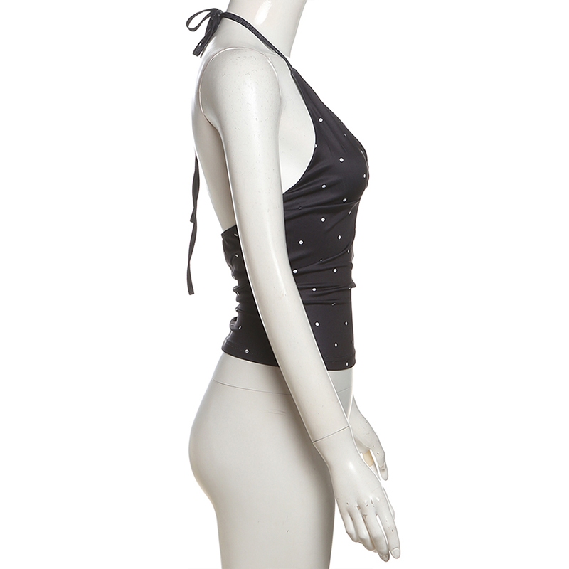 Cutenew Wave Point Dây Vest Sâu V Tắt Vai Chắp Vá Rốn Lộn Lưng Nữ Thời Trang Gợi Cảm Phong Cách Đa Năng