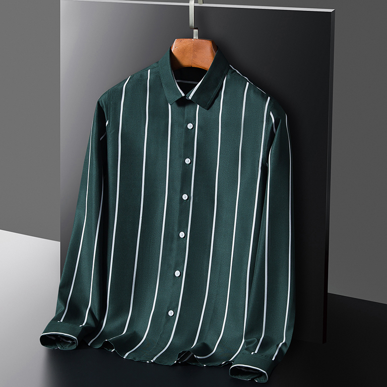 Áo sơ mi nam sọc thời trang Cotton công sở Áo sơ mi dài tay màu xanh lá cây