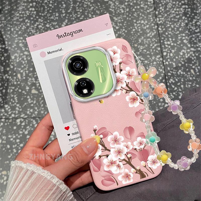 Ốp lưng cho itel P55 5G Vỏ điện thoại hoạt hình chống sốc bằng da cảm ứng với họa tiết hoa thẩm mỹ và dễ thương thiết kế mới Vòng tay pha lê miễn phí