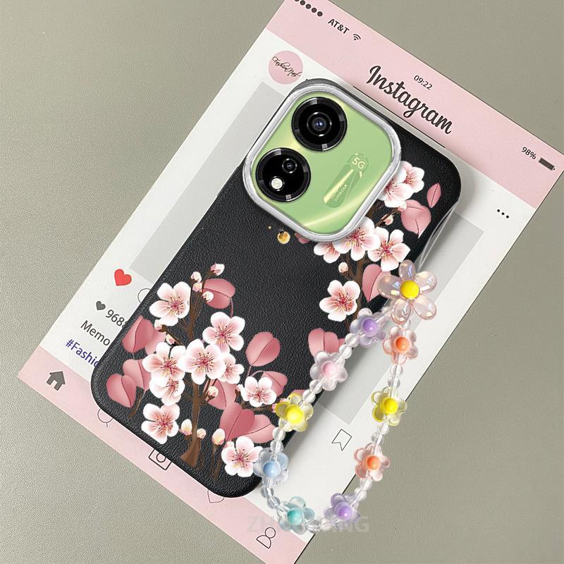 Ốp lưng cho itel P55 5G Vỏ điện thoại hoạt hình chống sốc bằng da cảm ứng với họa tiết hoa thẩm mỹ và dễ thương thiết kế mới Vòng tay pha lê miễn phí