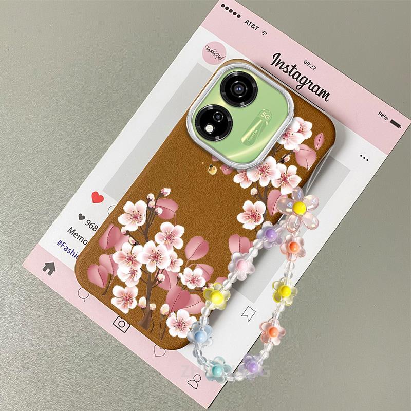 Ốp lưng cho itel P55 5G Vỏ điện thoại hoạt hình chống sốc bằng da cảm ứng với họa tiết hoa thẩm mỹ và dễ thương thiết kế mới Vòng tay pha lê miễn phí