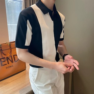 Mùa hè Slim-fit Thời Trang Khâu Màu Sắc Hợp Thời Trang Nam Dệt Kim Nửa Dây Kéo Không Sắt Thường Ngày Thoáng Khí Ve Áo polo