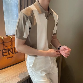 Mùa hè Slim-fit Thời Trang Khâu Màu Sắc Hợp Thời Trang Nam Dệt Kim Nửa Dây Kéo Không Sắt Thường Ngày Thoáng Khí Ve Áo polo
