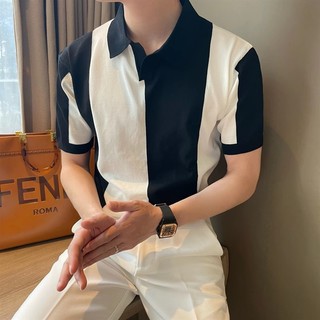Mùa hè Slim-fit Thời Trang Khâu Màu Sắc Hợp Thời Trang Nam Dệt Kim Nửa Dây Kéo Không Sắt Thường Ngày Thoáng Khí Ve Áo polo