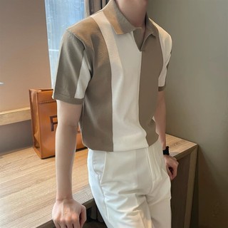Mùa hè Slim-fit Thời Trang Khâu Màu Sắc Hợp Thời Trang Nam Dệt Kim Nửa Dây Kéo Không Sắt Thường Ngày Thoáng Khí Ve Áo polo