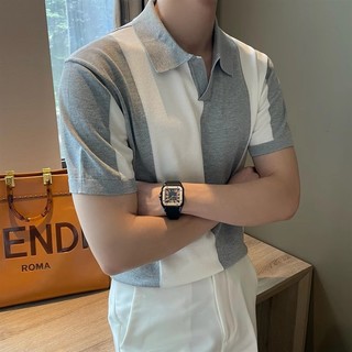 Mùa hè Slim-fit Thời Trang Khâu Màu Sắc Hợp Thời Trang Nam Dệt Kim Nửa Dây Kéo Không Sắt Thường Ngày Thoáng Khí Ve Áo polo