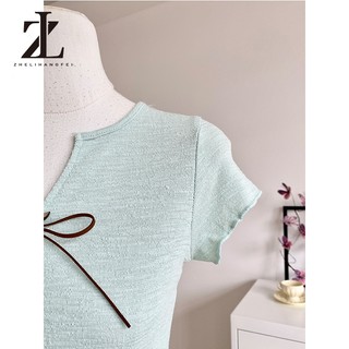 ZHELIHANGFEI Áo thun nữ tay ngắn cổ chữ V màu xanh lá cây phiên bản Hàn Quốc