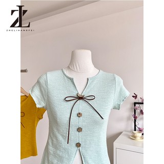 ZHELIHANGFEI Áo thun nữ tay ngắn cổ chữ V màu xanh lá cây phiên bản Hàn Quốc